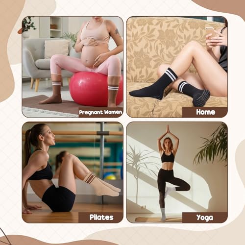6 Pack Striped Pilates Grip Socks for Women - Non-Slip Yoga Socks Size 7.5-11