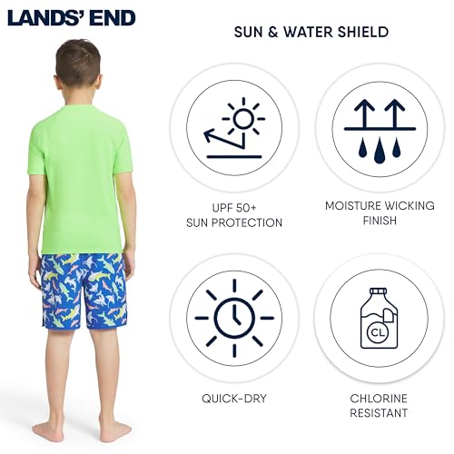 Lands' End Boys' UPF 50+ Short Sleeve Rash Guard Sun Tee, Small, Green Gecko