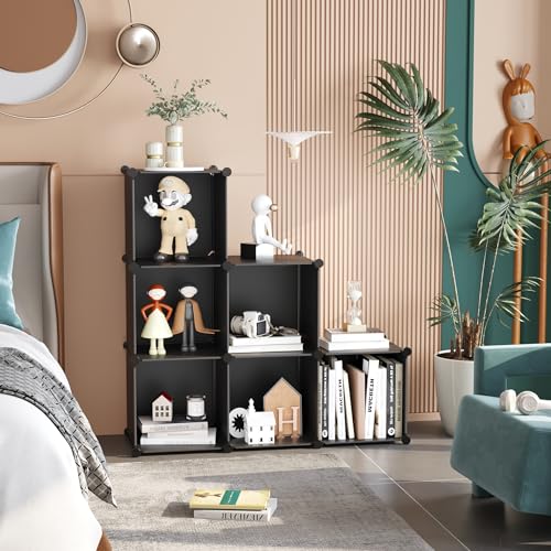 C&AHOME 6-Cube Storage Organizer, Stackable Storage Cubes Shelves, Portable Bookshelf, Plastic Clothing Storage Closet Organizer, DIY Modular Shelving Units for Wardrobe, Home, Black