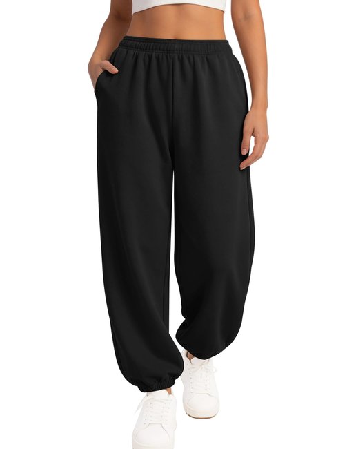LOMON Sweatpants Women Fleece Joggers Wide Leg Sweat Pants Baggy Gym Workout Sweatpant Winter Spring Inner Drawstring Clothes with Pockets (Black, S)