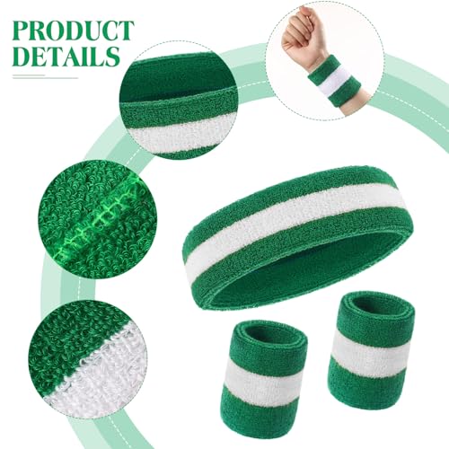 Neon Striped Sweatbands Set - Headband & Wristbands - Green/White