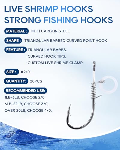 Live Shrimp Hooks - High Carbon Steel Barbed, Size 2/0, 20pcs