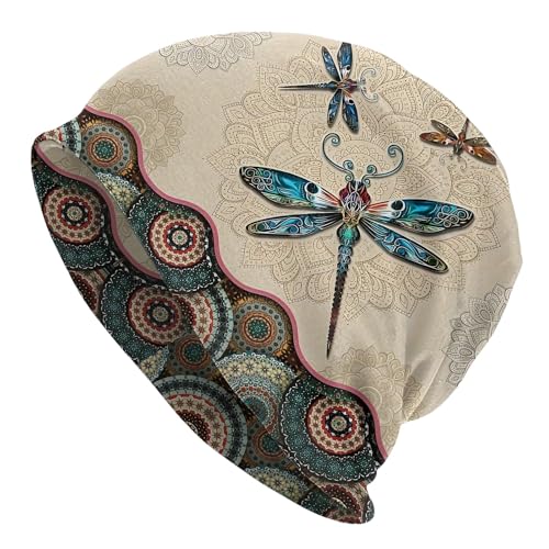 Tenna Teki Women's Slouchy Beanie Chemo Headwear Cancer Hat with Dragonfly Mandala Beige - One Size