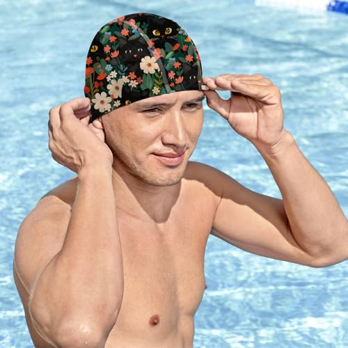 Durable Swim Cap - High Elasticity Comfortable Cloth Hat - Cat Flower