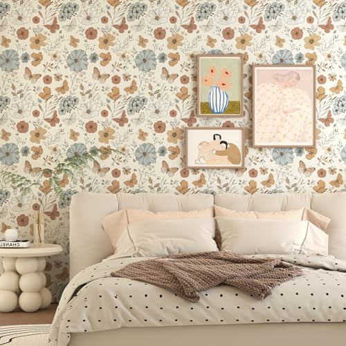 Beige Floral Wallpaper Peel and Stick Wallpaper Boho 17.3"¡¿78.8" Colourful Flower Butterfly Removable Self Adhesive Wall Paper for Bedroom Floral Contact Paper for Cabinets Mural Decor