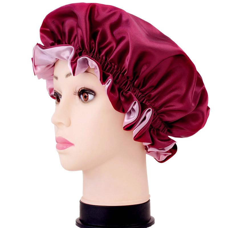 Double Layer Satin Sleep Bonnet with Wide Elastic Band - Red