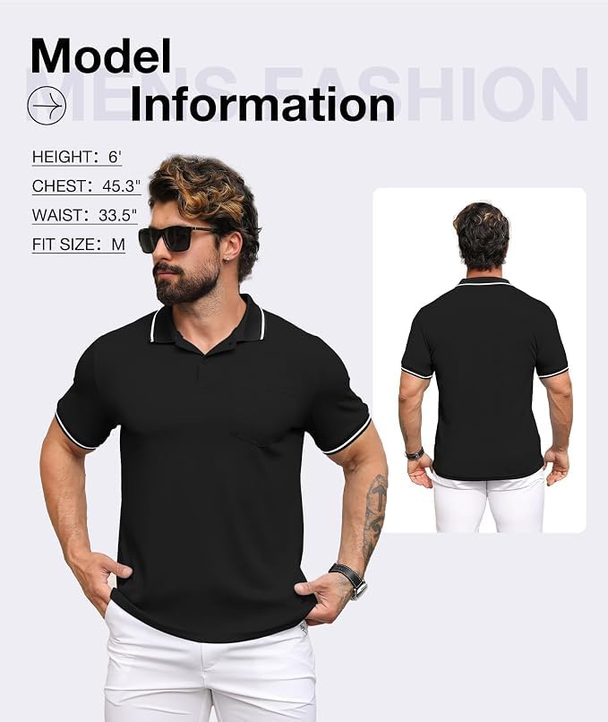 ZITY Men's Short Sleeve Polo Shirt with Pocket - Casual Golf Collared Top, Large Black