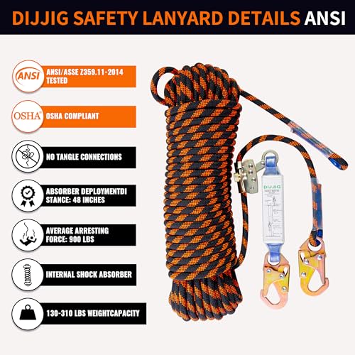 Rope Harness Safety Lanyard 25ft Vertical Roofing Rope With Grab Snap Hooks Shock Absorber Fall Protection Tree Climbing Line Kit Heavy Duty Roof Safety Equipment ANSI CE