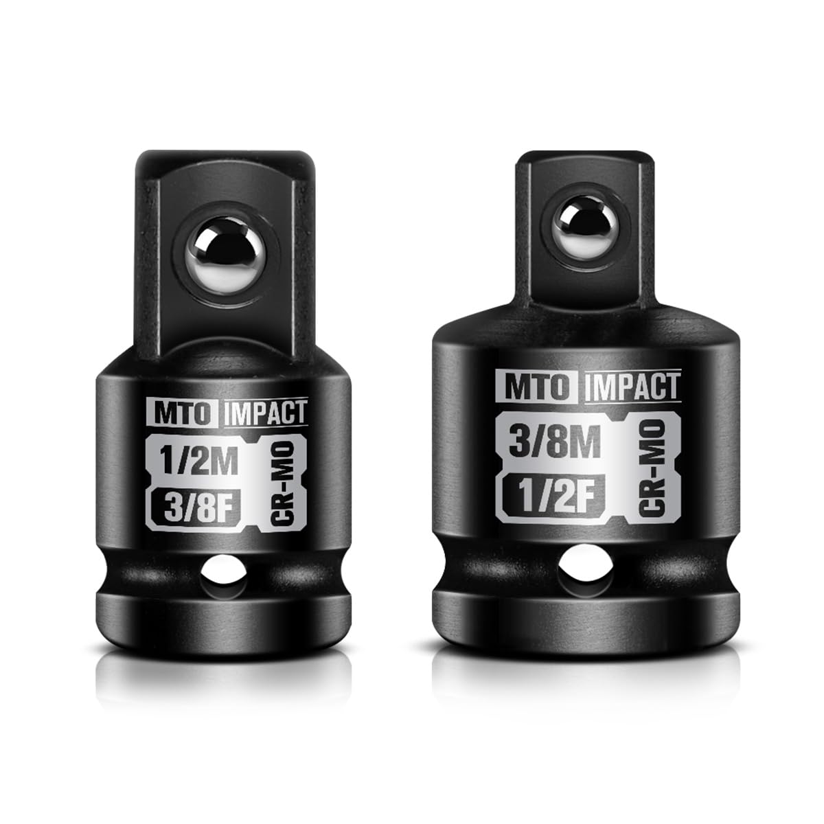 MTO 2-Piece Impact Socket Adapter and Reducer Set, 1/2" Female to 3/8" Male Reducer, 3/8” Female to 1/2” Male Adapter, Chrome Molybdenum Alloy Steel