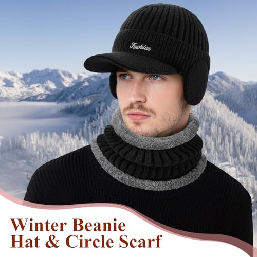 Winter Beanie Hat with Brim & Ear Flaps - Fleece Lined Black