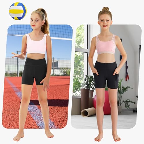 MIVEI Youth Girls Volleyball Spandex Shorts with Pockets, 4 Inch, Medium, Black