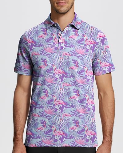 Funny Print Golf Polo Shirt for Men - Purple Flamingos, Medium
