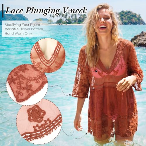 Cuffbow Rust Red Boho Lace V-Neck Beach Cover-Up for Women - Swim Dress