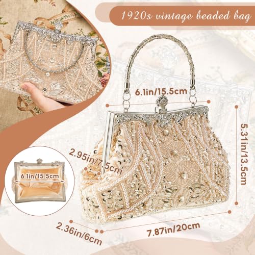 Amylove 1920s Beaded Clutch Evening Bag for Women - Beige Gold Wedding Party Purse