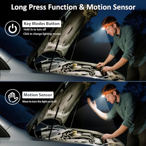 LHKNL Rechargeable Headlamp 2-Pack Orange Waterproof LED Headlights with 8 Modes & Motion Sensor