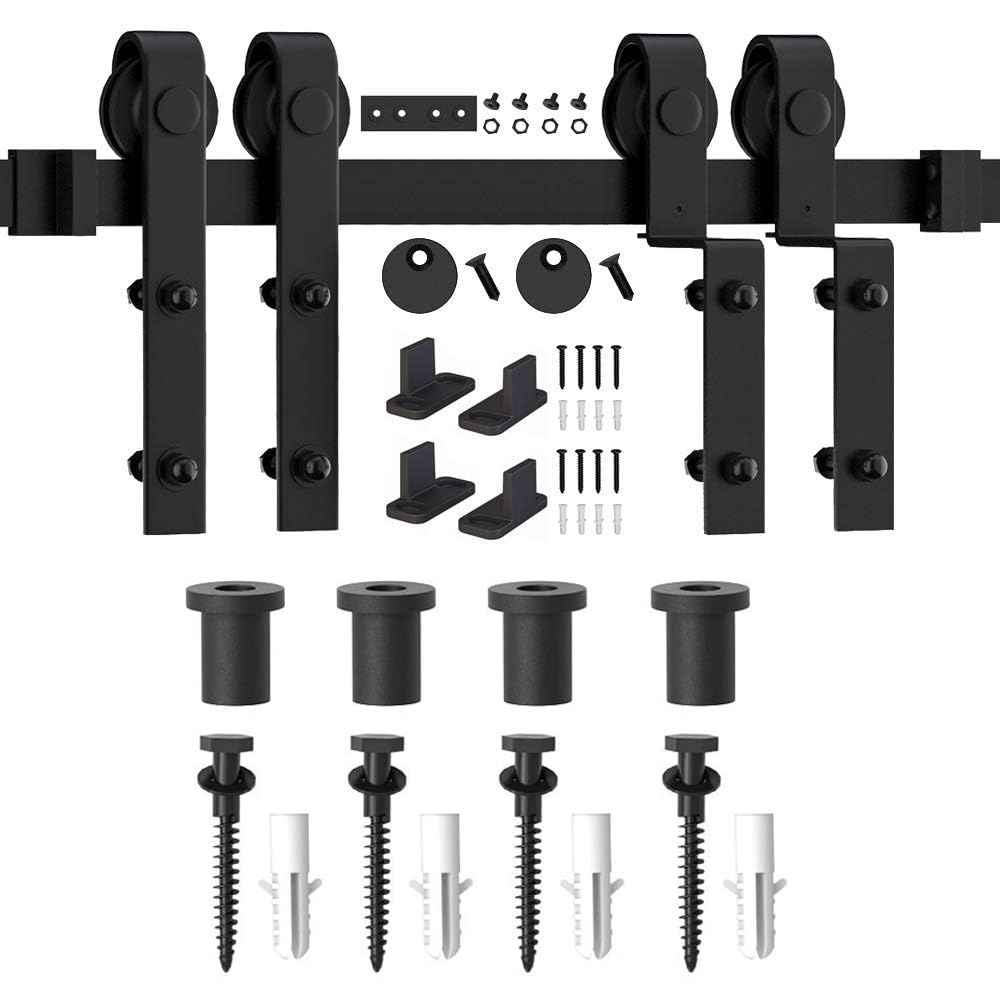 WINSOON 5FT Single Track Bypass Barn Door Hardware Double Doors Kit, Heavy Duty Sliding One Track Antique Roller for Cabinet Closet Fit Double 35" Wide Door