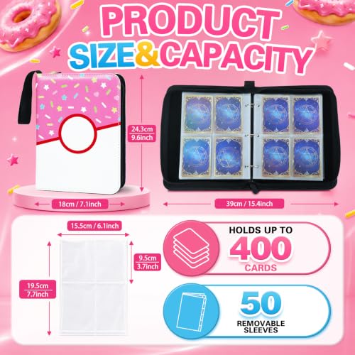 4-Pocket Trading Card Binder - Holds 400 Cards, Pink Donut Design
