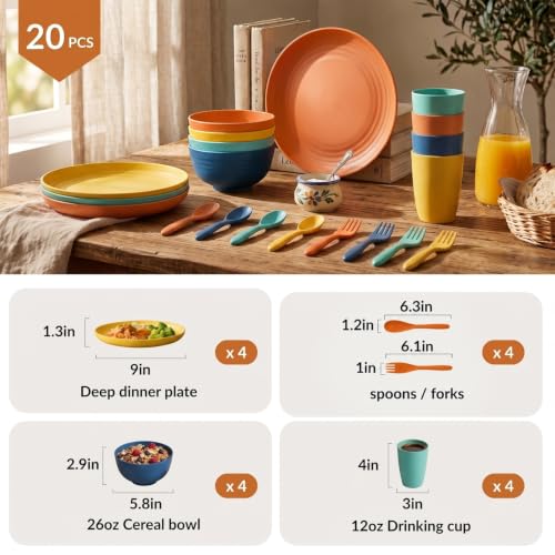 Homienly 20-Piece Wheat Straw Dinnerware Set Multicolor - Unbreakable Plates, Bowls, Cups & Utensils for Camping, Microwave & Dishwasher Safe