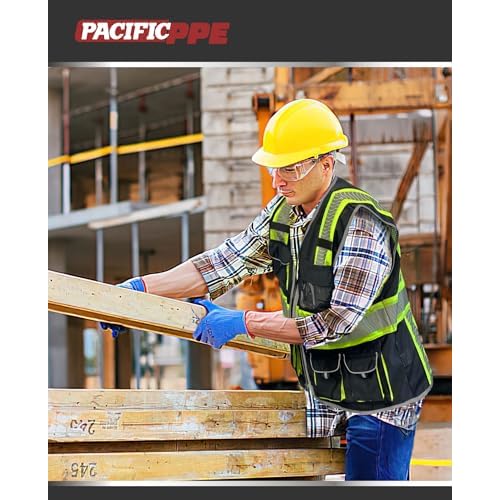 PACIFIC 10 Pockets Class 1 Safety Vest for Men, 3M High Visibility Reflective Strips, Meets ANSI/ISEA Standard, Black, X-Large