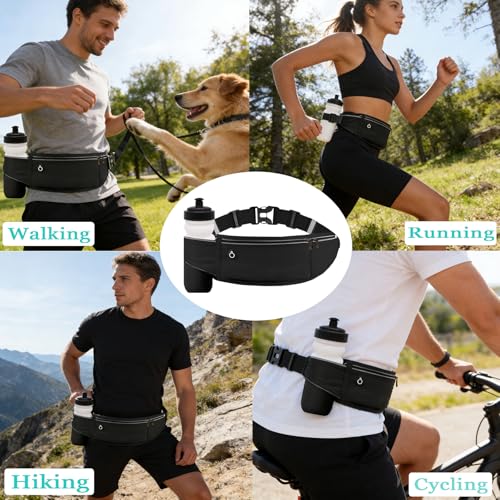 Water Bottle Holder Running Belt - Large Fanny Pack - Black