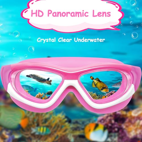 Pink Kids Swim Goggles for Ages 3-12 with Ear & Nose Plugs, Wide View Anti-Fog No Leak - 1 Pack