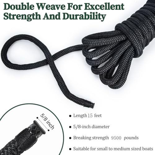 PropelTech 4 Pack 5/8" x 15' Double Braided Nylon Dock Lines for Boats, Black, Heavy Duty