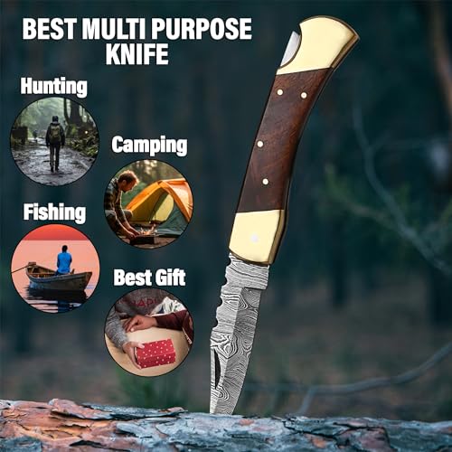 Bodacious Knives Damascus Folding Pocket Knife with Walnut Wood Handle and Sheath