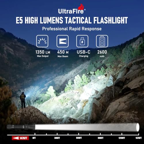 ULTRAFIRE E5 Rechargeable Tactical Flashlight with Holster – 1350 Lumens, Waterproof, Zoom, for Police & Emergency Use