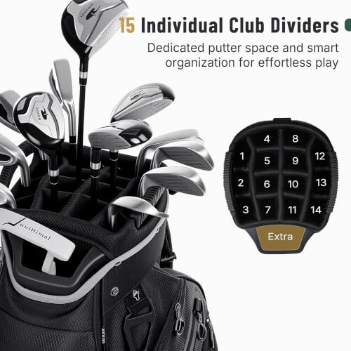 Golf Cart Bag with 15 Way Organizer Divider Top - Black