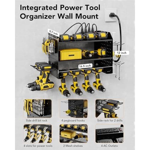 HOEMASY Power Tool Organizer Wall Mount, 3-Tier with 4 Outlet Charging Station | 100lbs Load Heavy Duty Garage Storage Rack for Drills, Batteries, Tools | Gift for Men, Dad, Workshop & Pegboard Black