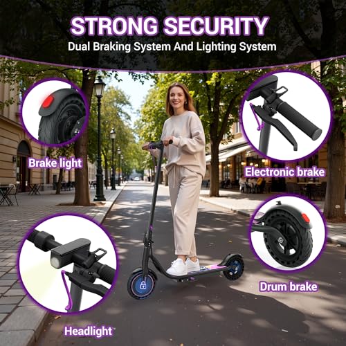 Electric Scooter for Adults - Folding E-Scooter, 350W Motor, 16 MPH, 19 Miles Range, Dual Brakes, APP - Purple-Black
