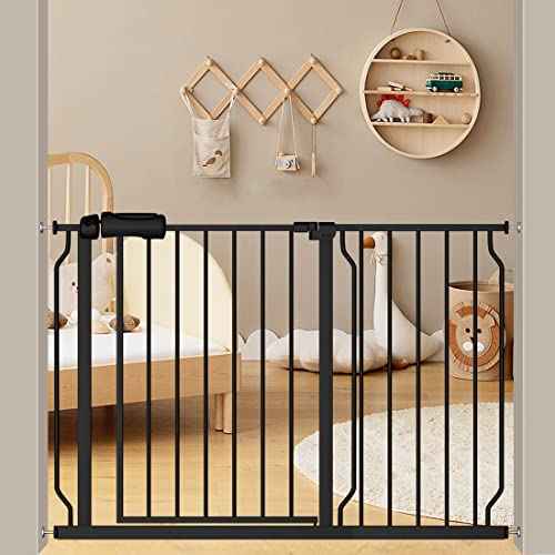 Extra Wide Baby Gate with 14.17in Extensions - Walk Through Pressure Mount Auto Close Child Safety Gate (Black, Extension-14.17"/36cm)