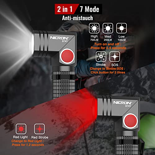 NICRON B74T Red Light Flashlight, Rechargeable LED White Light 700 Lumen with Magnetic Base, Clip, IP65 Waterproof for Camping, Night Walking, Emergency