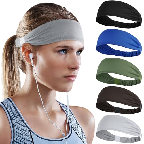 Beister 5 Pack Sweat Wicking Headbands for Men & Women - Black, Deep Blue, Army Green, Natural Brown, Light Grey
