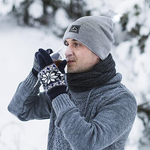 Knit Cuffed Beanie - Warm Winter Skull Cap for Men and Women - Black+Light Gray
