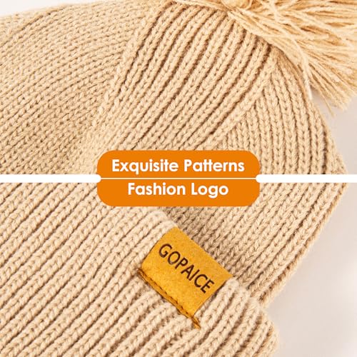 Womens Fleece-Lined Winter Beanie Hat with Pom Pom - Beige