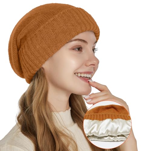 Satin-Lined Slouchy Beanie for Women - Winter Hat - Dark Orange
