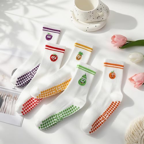 Non-Slip Pilates Socks for Women - Cute Fruit Pattern, 5 Pairs - Red, Purple, Yellow, Orange, Green
