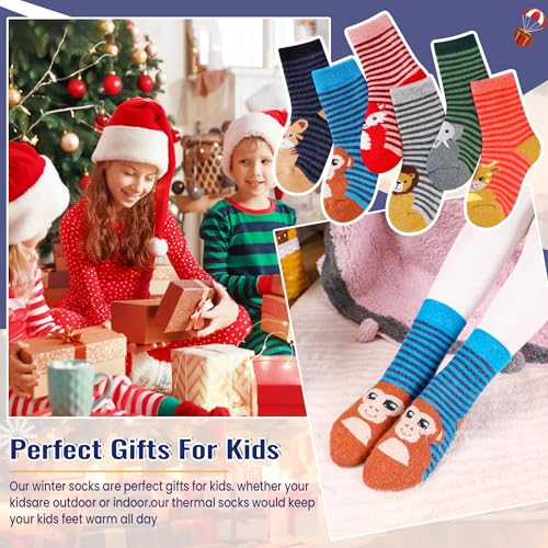 Kids Wool Socks for Boys Girls 4-7 Years Stripe Animal Warm Winter Thermal 6 Pairs