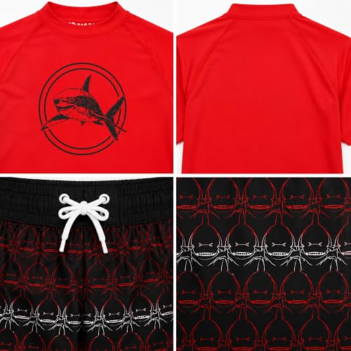 Boys 2-Piece Rash Guard Swim Set - Short Sleeve & Trunks - Red/Black Shark