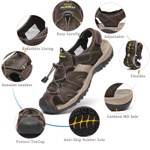 Mens Closed Toe Hiking Sandals - E-Darkbrown Leather Water Shoes