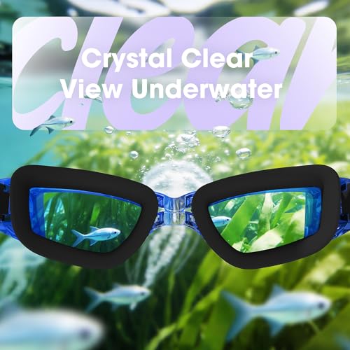 Swim Goggles 2 Pack - Dark Blue Clear Lens + Silver Mirror Lens, Anti-Fog, UV Protection