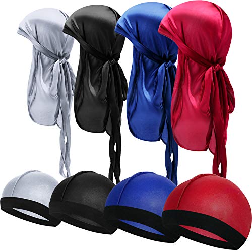 SATINIOR 8 Pack Silky Durags for Men Women - Long Tail, Wave Cap, 360 Waves Headwraps, Elastic Do Rags, Large Red Grey Black Blue