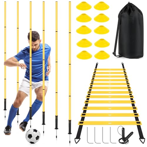 Soccer Agility Training Set - 6 Poles, Agility Ladder, 10 Cones