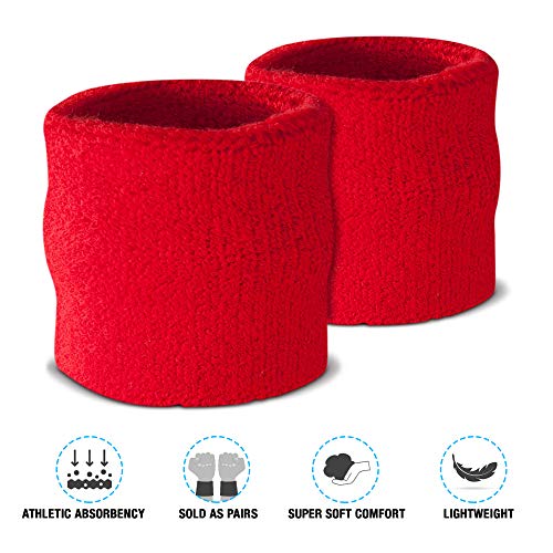 Wrist Sweatbands - Absorbent Thick Cotton for Gym, Red