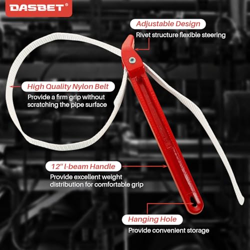 DASBET 12 Inch Strap Wrench Pipe Adjustable Nylon Strap Pipe Wrench Double Layered Oil Filter Strap Wrench Handle Nylon Belt