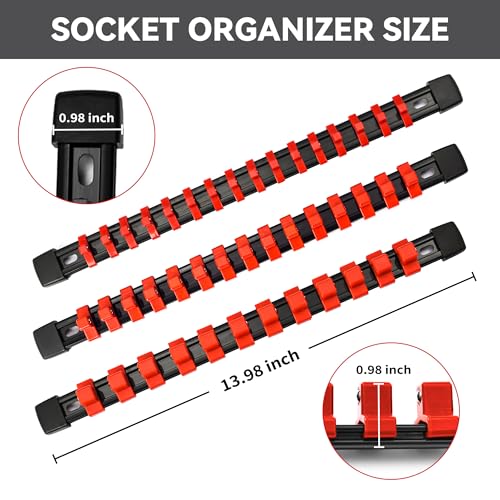 Socket Organizer Drive ABS Tools-Socket Holder, Premium Quality 9 Pieces Holders Kit 1/4-Inch x 48 Clips, 3/8-Inch x 45 Clips, 1/2-Inch x 36 Clips