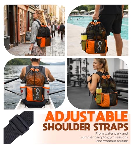 RUENVUE Orange Mesh Swim Bag Drawstring Backpack for Swimmers & Beach, Summer Essentials
