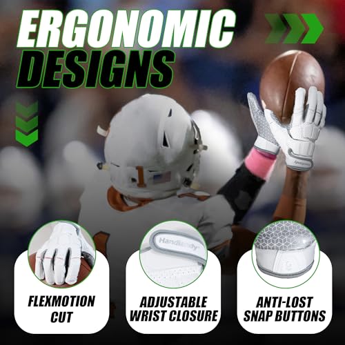 HANDLANDY White Silvery Large Football Gloves Men, Sticky Grip, Impact Padding