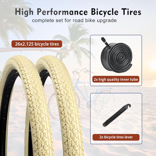 HUIOK 26x2.125 Bike Tires - Folding Beach Cruiser Replacement with Tubes & Levers, Cream